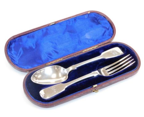 A Victorian silver christening set, comprising fork and spoon, fiddle pattern, initialled London 1860, 2.8oz. (cased)