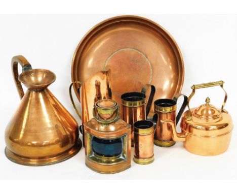 Various copper, a quarter starboard lamp with glass centre and brass fittings, 23cm high, a harvest jug, copper kettle, large