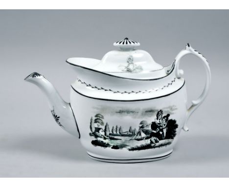 An early 19c oval teapot and cover, possibly Herculaneum, decorated in black monochrome with a mother and children with a toy