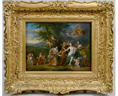 Unsigned 19c painting on metal panel - a classical scene with a female accompanied by an admirer, attendants and putti, oil o