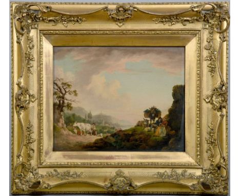 JC Ibbetson - English coastal setting with lady and gentleman seated on the hillside together with a drover with his cows, un