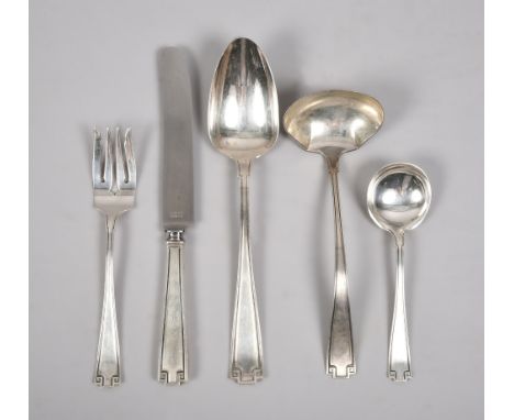A Sterling silver six setting service of twelve tea spoons, six knives, six butter knives, six dessert forks, six forks, six 