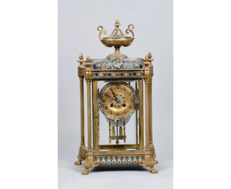 A late 19c French 'four glass' clock, the circular movement having a mercury compensated pendulum and rack striking on a gong