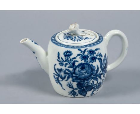 A Worcester barrel shaped teapot and cover transfer printed with the 'Rose Centred Spray' pattern, hatched crescent mark to b