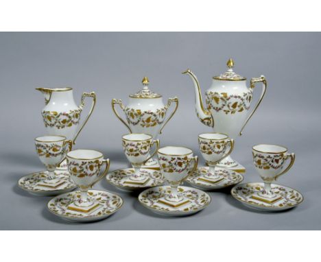 A mid 20c French Atelier Camille le Tallec porcelain coffee service  hand decorated with garlands and gilt grape and vine, co