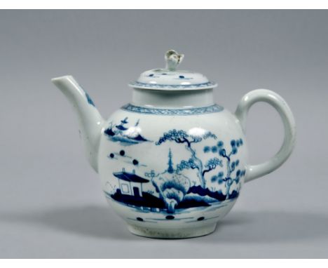 A First Period Worcester teapot and cover painted with the 'Cannonball' pattern, the cover with flower finial a/f, open cresc