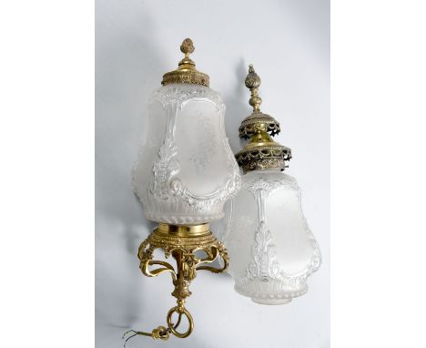 Three mid 19c style gilt metal wall sconces and one ceiling light, electroliers all with moulded and frosted acid engraved sh