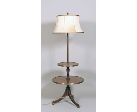 A brass rail inlaid two tier pedestal lamp table, 24in diam, 69in h.