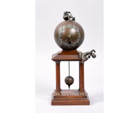 A late 19c German novelty clock in the form of a globe mounted on a stand supported by four pillars.  The globe in 4in in dia