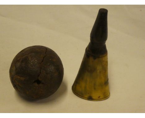 An old polished cow horn powder flask and an old fractured iron cannon ball (2)