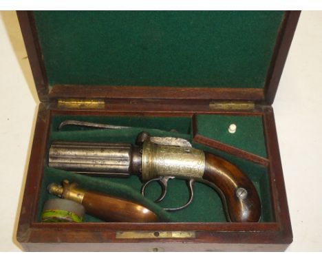 A mid 19th century cased 6-shot pepperbox revolver by JB Palmer with 3" revolving barrels, nickel plated frame engraved "JB P