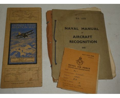 A Royal Air Force Service and Release book relating to No. 2393429 R.B.Levey RAF; an Ordnance Survey Aviation  map and a Nava