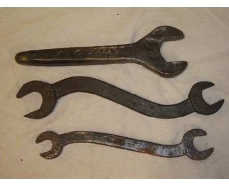 Three various early spanners including pre-1889 double-ended spanner marked "CR" for the Cornish Railway; GWR spanner and L &