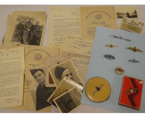 A selection of various RAF sweatheart's brooches, RAF compact, pack of RAF playing cards, selection of paperwork and photogra