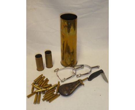 A First War 18pdr. shell case, pair of plated spurs, copy pistol flask, shell cases etc.