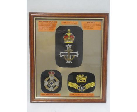 A framed display containing an embroidered wire Royal Naval Chaplain's King's Crown sash badge, Royal Army Chaplain's Departm