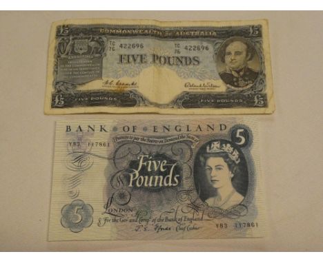 A Commonwealth of Australia £5 note signed R. Wilson and a Bank of England blue £5 signed Fforde (2)