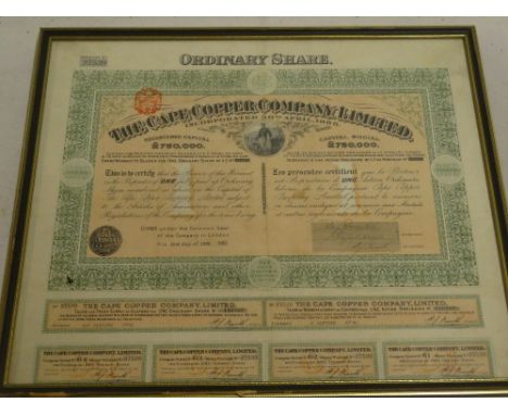 A 1908 mining share certificate for the Cape Copper Co. Ltd.