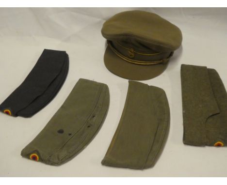 A Belgian Army Logistics Corps khaki peaked cap with brass badge and four various German post-War military side hats