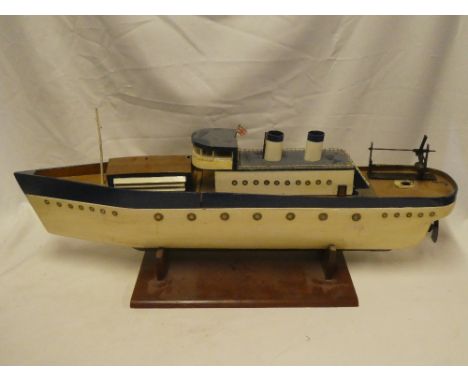 An old wooden scale built model steam driven boat with brass steam engine 33" long