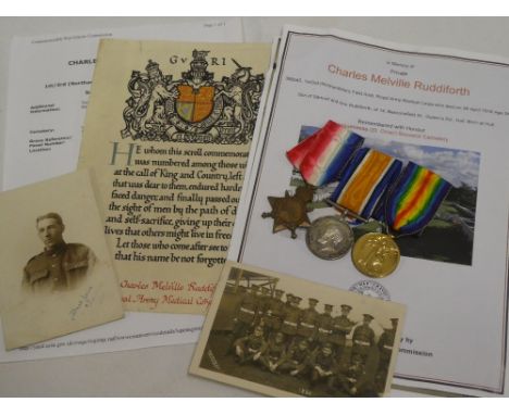 A 1914/15 star trio of medals awarded to No. 1226 Pte. C. M. Ruddiforth R.A.M.C. (1/3 Northumbrian Field Ambulance - Royal Ar