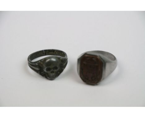 Two German White Metal Rings, One Skull &amp; Crossbones Possibly Linked To Totenkopf Together With Another.