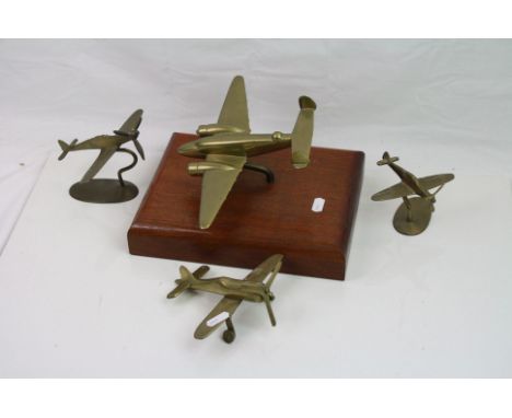 A Collection Of Vintage Brass Hand Made Aircraft Models To Include Spitfires To Include One Mounted To Wooden Plinth.