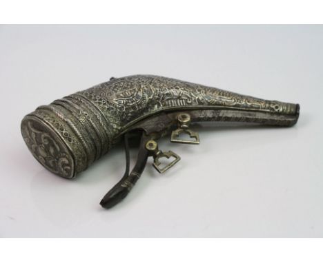 An Early 19th Century Middle Eastern / Islamic White Metal Powder Flask.