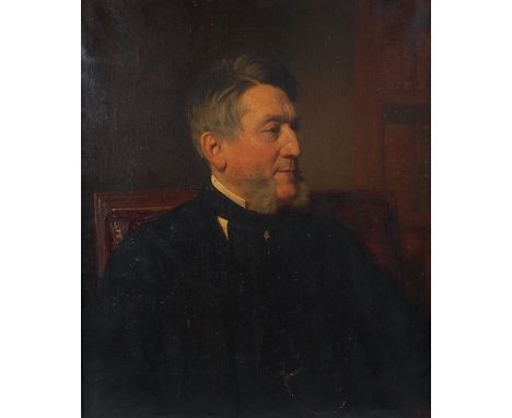Stephen Pearce (1819-1904) - Half-length portrait of Alfred Swaine Taylor wearing black jacket and seated in an armchair, oil