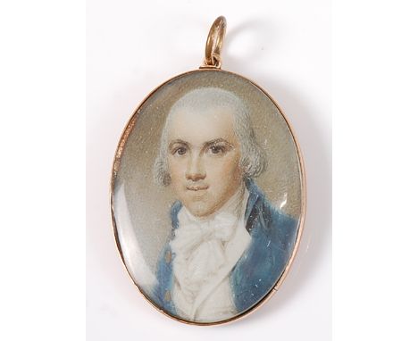 Circa 1800 English school - Bust portrait of George Porter, father of Mrs Henry Methold (Sophia Jane), wearing a blue tunic a