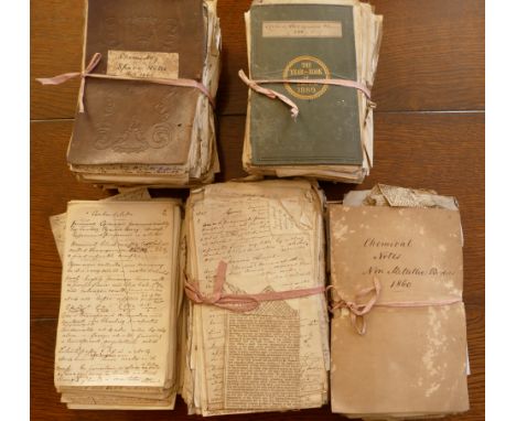 Box; Alfred Swaine Taylor, containing four tied bundles and a quantity of loose sheets of manuscript chemistry notes, approx 