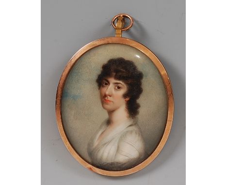 Late 18th century English school - Bust portrait of Caroline Cancellor (née Hall), miniature watercolour on ivory, unsigned, 