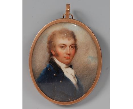 Late 18th century English school - Half-length portrait of John Cancellor, wearing a blue tunic with silk neckscarf, miniatur