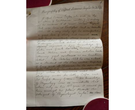 An eight page manuscript biography of Alfred Swaine Taylor by his brother Silas, dated June 1880, and another seven page one 