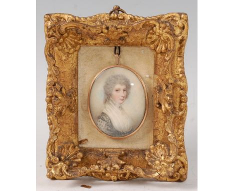 Late 18th century English school - Bust portrait of Miss Caroline Codrington 1797 (afterwards Mrs Walrond) (1754-1833), minia