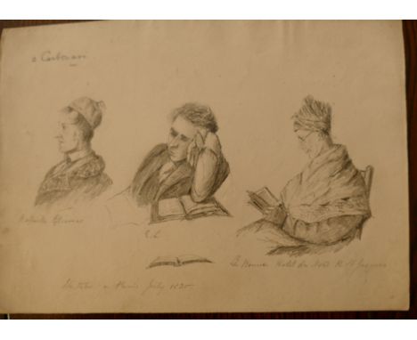 Alfred Swaine Taylor, a 4to size sheet with three portrait sketches, dated Paris July 1830; a small watercolour 14 x 11cm, pi
