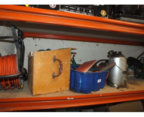 A QUANTITY OF TOOLS ETC TO INCLUDE ELECTRIC STRIMMER AND TRIMMER, VOLCANO KETTLE, SANDER ETC