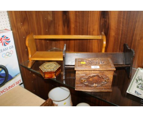 TWO VINTAGE BOOK TROUGHS TOGETHER WITH AN UNUSUAL CARVED WOODEN BOX AND ANOTHER