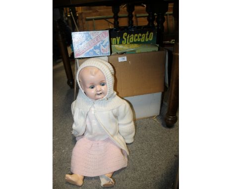 A QUANTITY OF VINTAGE BOARD GAMES ETC AND A LARGE ROLLER EYED DOLL 