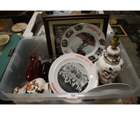 A TRAY OF CERAMICS AND GLASS TO INCLUDE MASONS MANDALAY LAMP AND LIDDED JAR