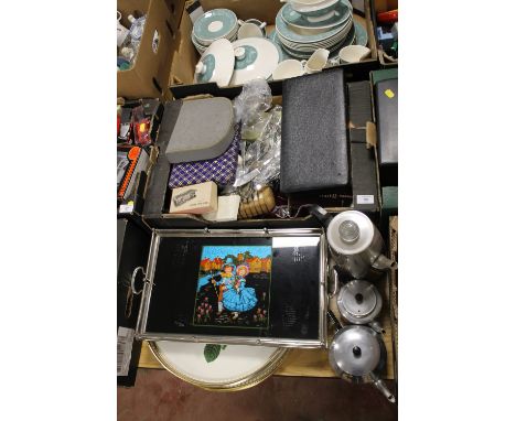 A LARGE QUANTITY OF ASSORTED FLATWARE TO INCLUDE SILVER PLATED EXAMPLES, TOGETHER WITH THREE SERVING TRAYS, TEAPOTS ETC
