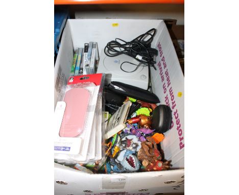 A BOX OF GAMES CONSOLES, ACCESSORIES TO INCLUDE A SEGA DREAMCAST CONSOLE, PSP'S SKYLANDERS ETC