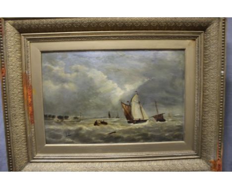 H E HOLE (XIX). Seascape with figures and boats, signed lower right and dated 1800, oil on panel, gilt framed, 29.5 x 45 cm