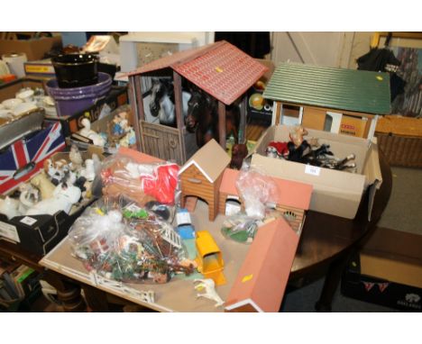 A VINTAGE WOODEN TOY STABLE AND ACCESSORIES, HORSES ETC 