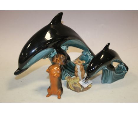 TWO POOLE DOLPHINS TOGETHER WITH A WEDGWOOD SHREW TYPE FIGURE ETC 4)