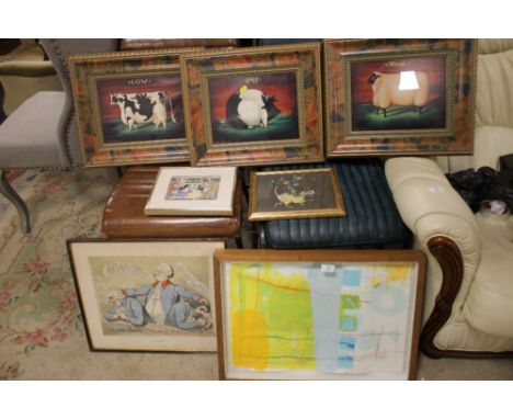 A SELECTION OF PICTURES / PRINTS TO INCLUDE AN ABSTRACT WATERCOLOUR AND THE' IMPEACHMENT' PRINT ETC