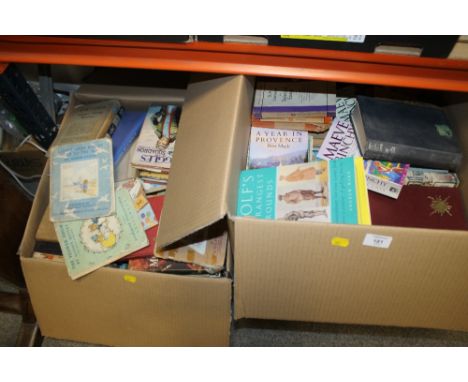 TWO BOXES OF ASSORTED BOOKS TO INCLUDE VINTAGE PETER RABBIT, PENGUIN BOOKS ETC