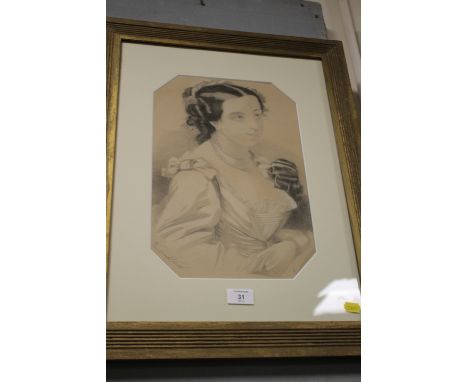 A 19TH CENTURY PENCIL PORTRAIT OF A LADY WITH A DOG SIGNED W. J. WARD