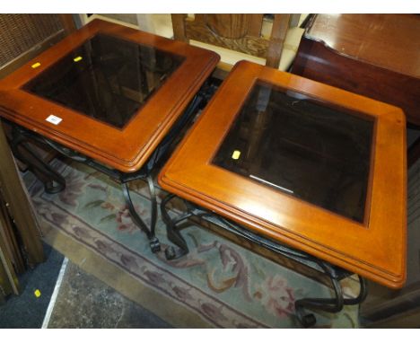 A PAIR OF MODERN GLASS TOPPED LAMP TABLES