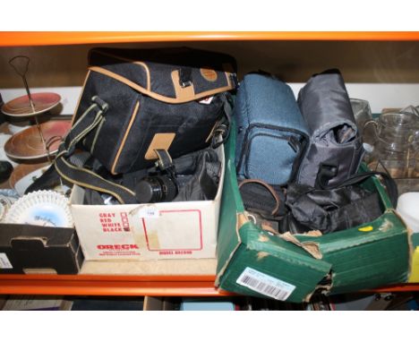 TWO TRAYS OF VINTAGE CAMERAS AND ACCESSORIES, LENSES ETC